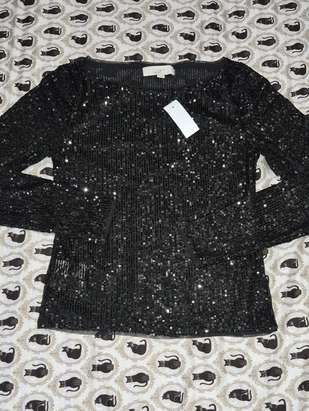 LOFT Black Sequin Long-Sleeve Crewneck Top